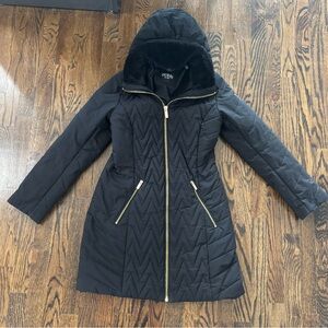 Guess Women's Black Puffer Coat with Gold Accents